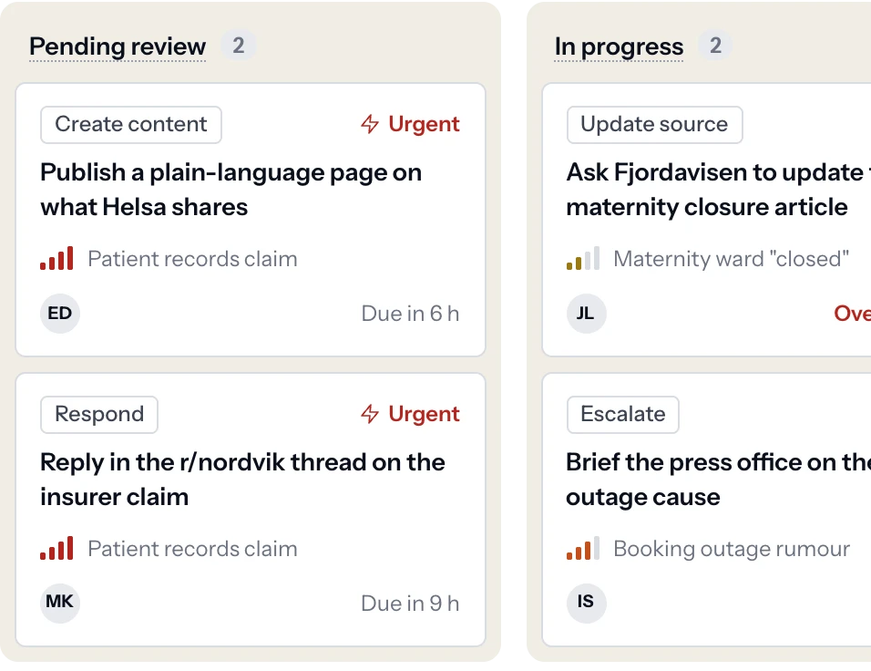 Action centre, pending review column: two drafted responses waiting for approval, each with its narrative, owner and due date