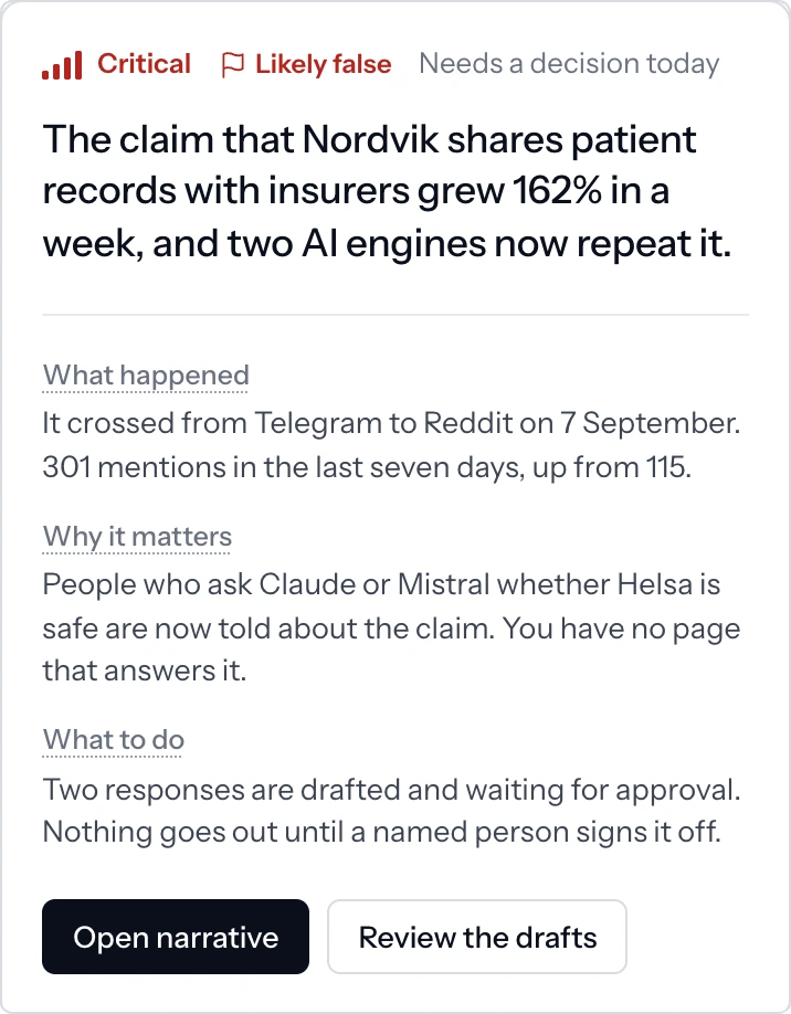 The daily briefing on a phone: a critical narrative with what happened, why it matters and what to do, and two drafts waiting for approval